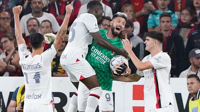 Milan win with striker Giroud playing in goal