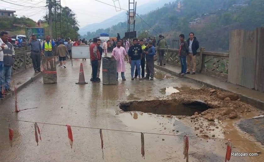 Vehicles remain off the road as road collapses on Prithvi Highway