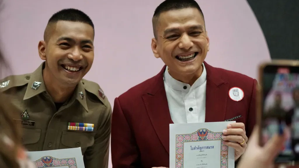 Couples wed in a riot of colour as Thailand legalises same-sex marriage