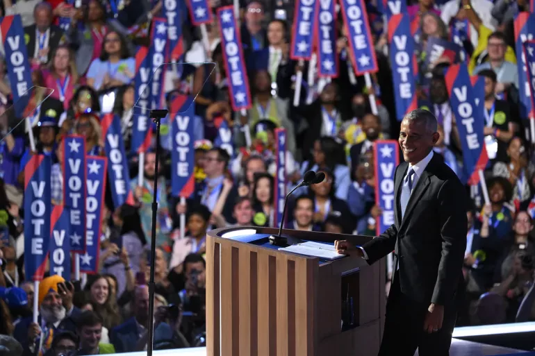 ‘Let’s get to work!’: Barack Obama takes stage for Kamala Harris at DNC