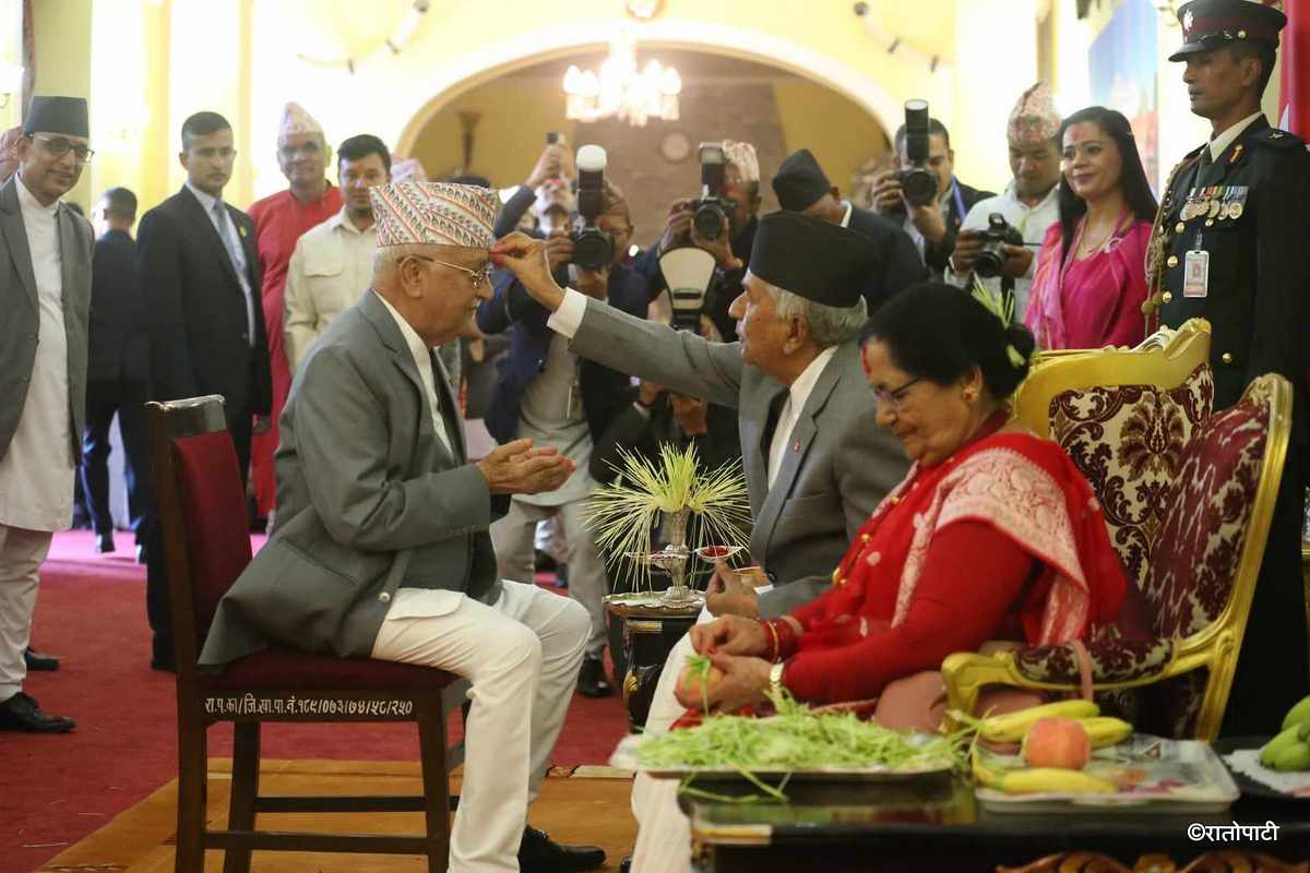 President Paudel offers tika to PM Oli, FM Paudel